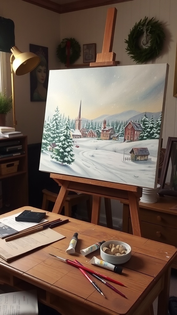 Vintage Christmas Painting Techniques A vintage Christmas painting of a snowy village in a cozy art studio.